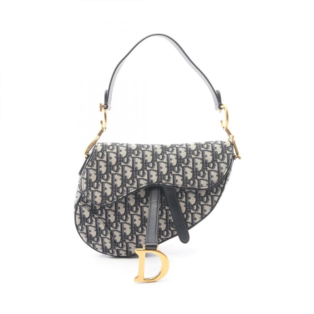 Christian Dior Saddle Bag Oblique Handbag Canvas Leather Navy Blue Beige